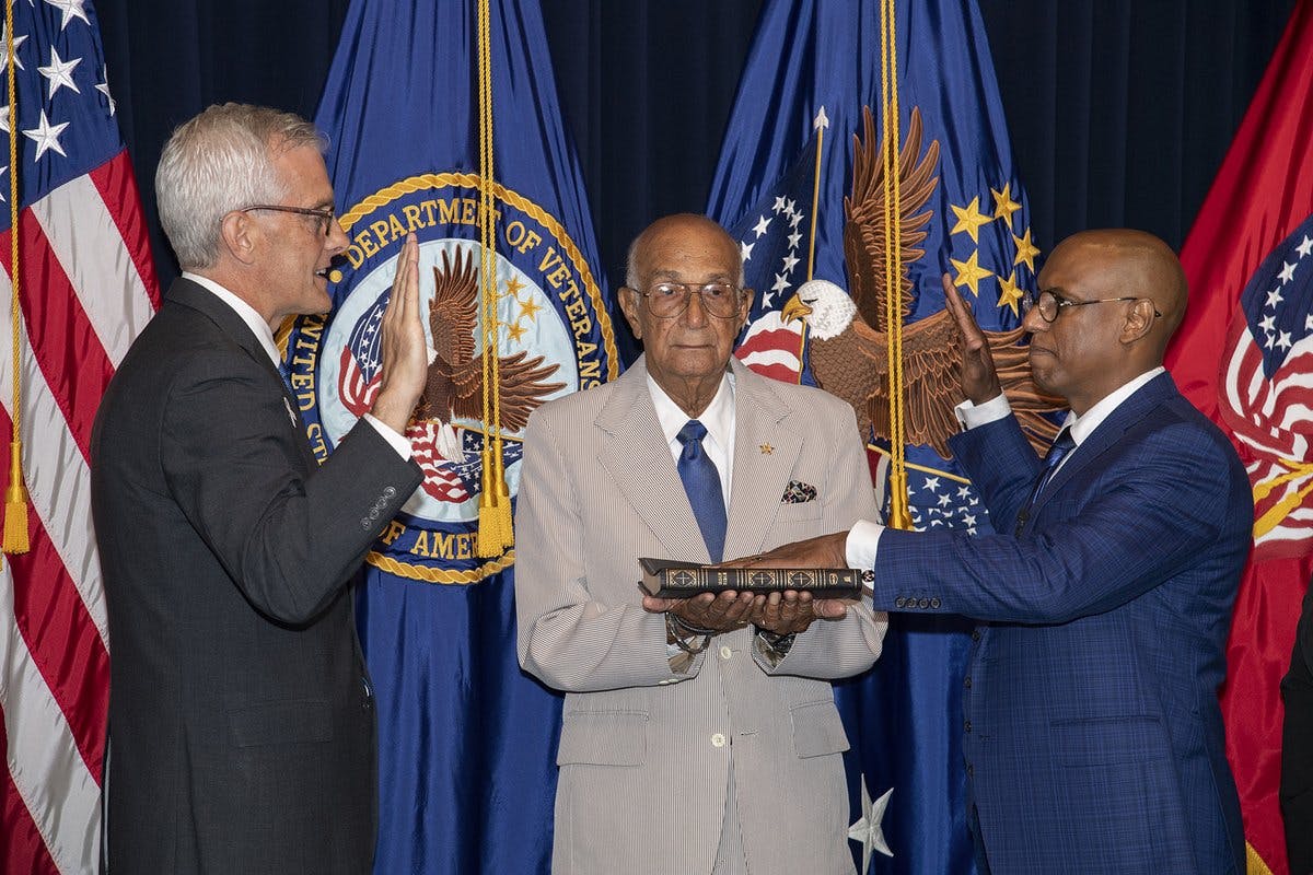 Veterans Affairs Secretary Denis McDonough swears in Deputy Secretary Donald Remy July 19, 2021.