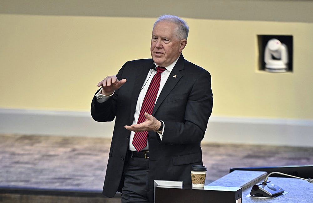 Secretary of the Air Force Frank Kendall speaks with students and guests during the Senior Leader Orientation Course at Joint Base Andrews, Md., Nov. 18, 2024