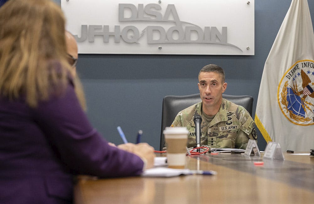 Lt. Gen. Paul Stanton, commander of JFHQ-DODIN and director of the Defense Information Systems Agency, speaks to reporters on Jan. 13, 2025.